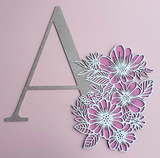 Large laser cut MDF letter with 2 layer floral design to the side. Colours to your choice.