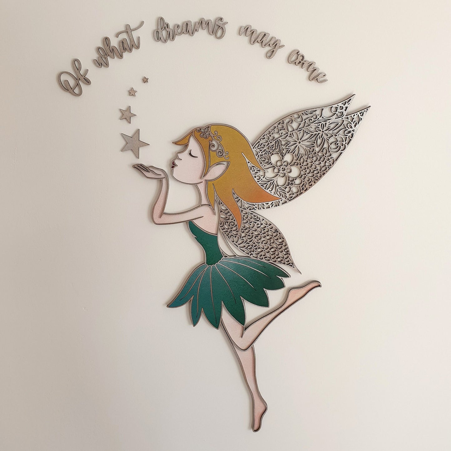 Children's wall art fairy blowing a kiss with detailed pattering, stars and words of your choice.